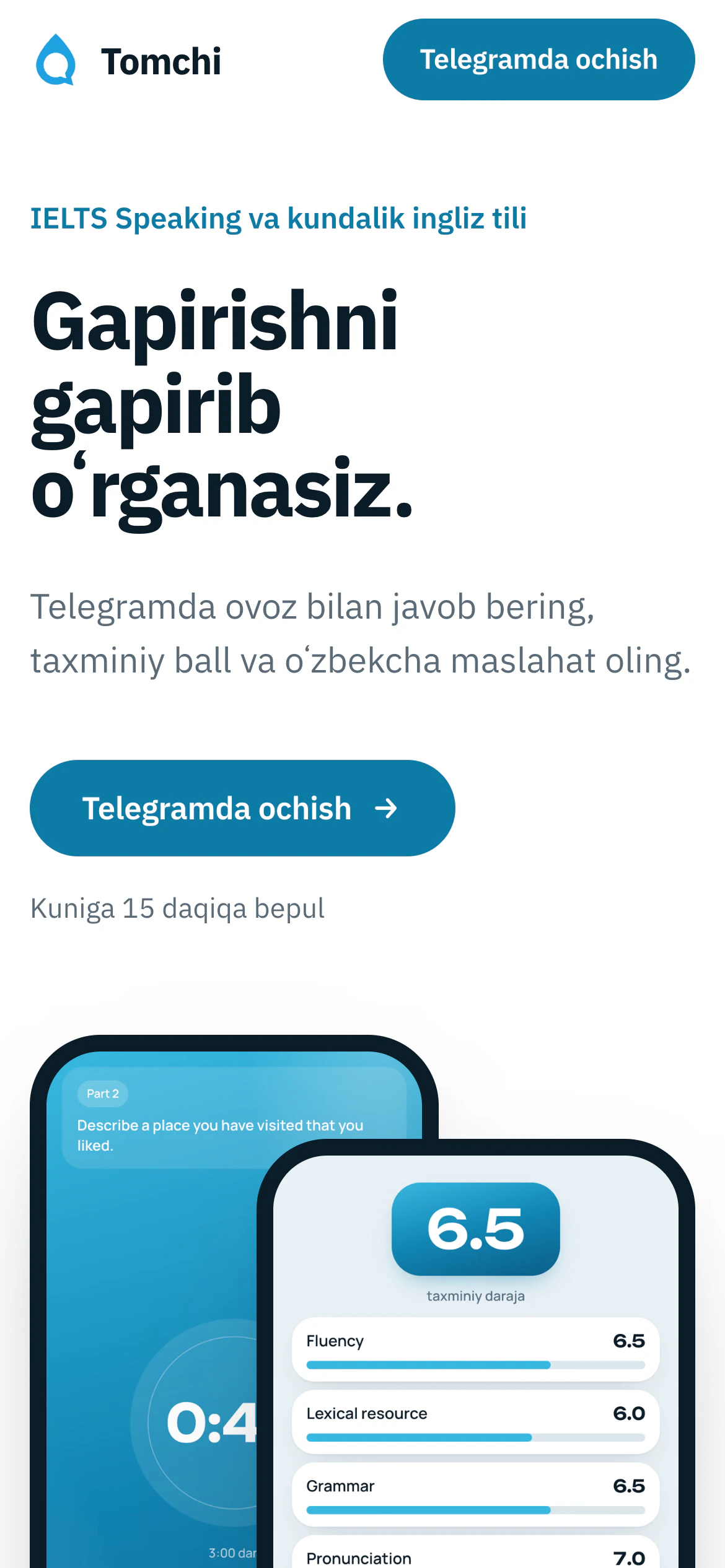 The Tomchi landing page on mobile