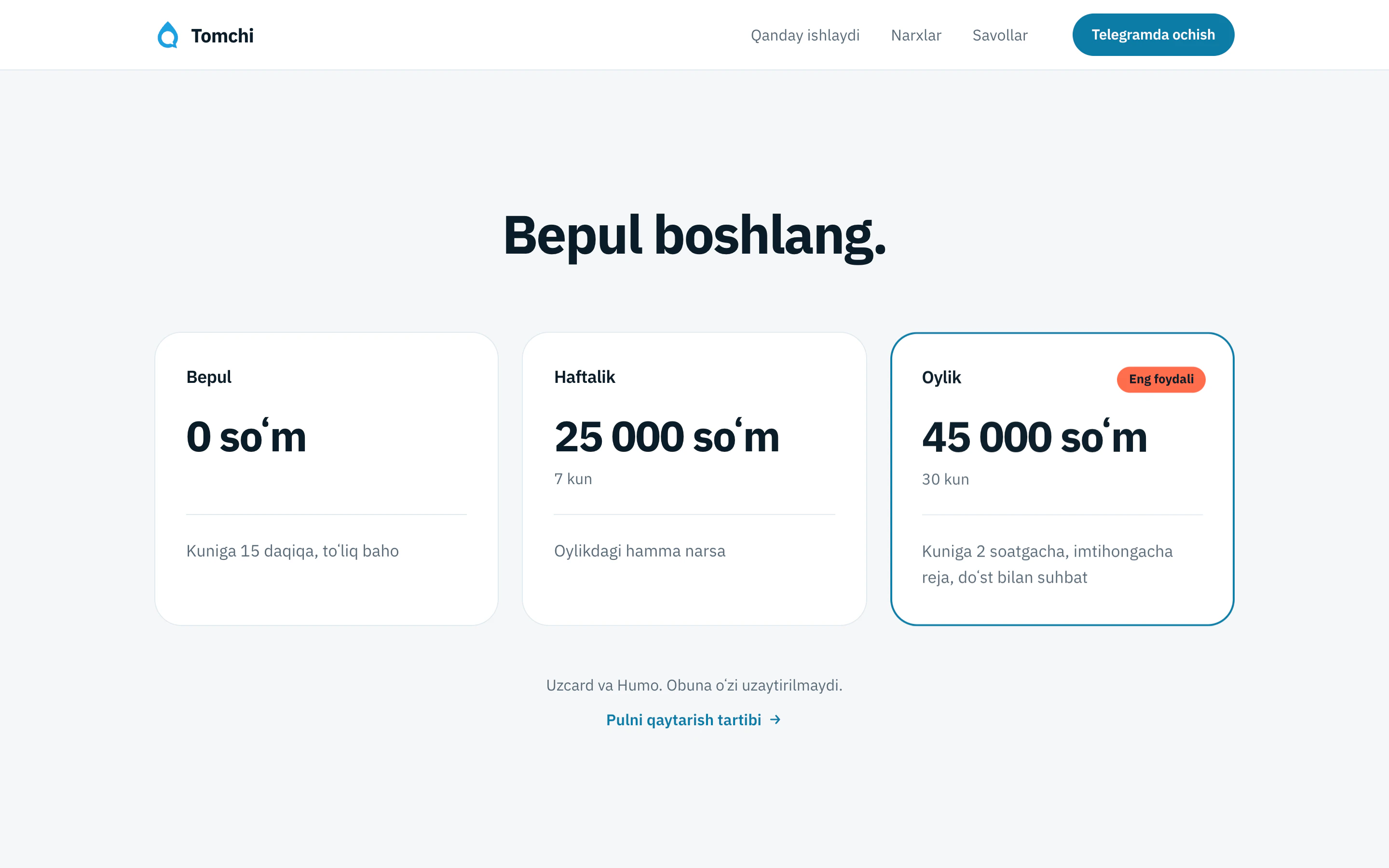 Pricing: free 15 minutes a day, weekly 25,000 UZS, monthly 45,000 UZS