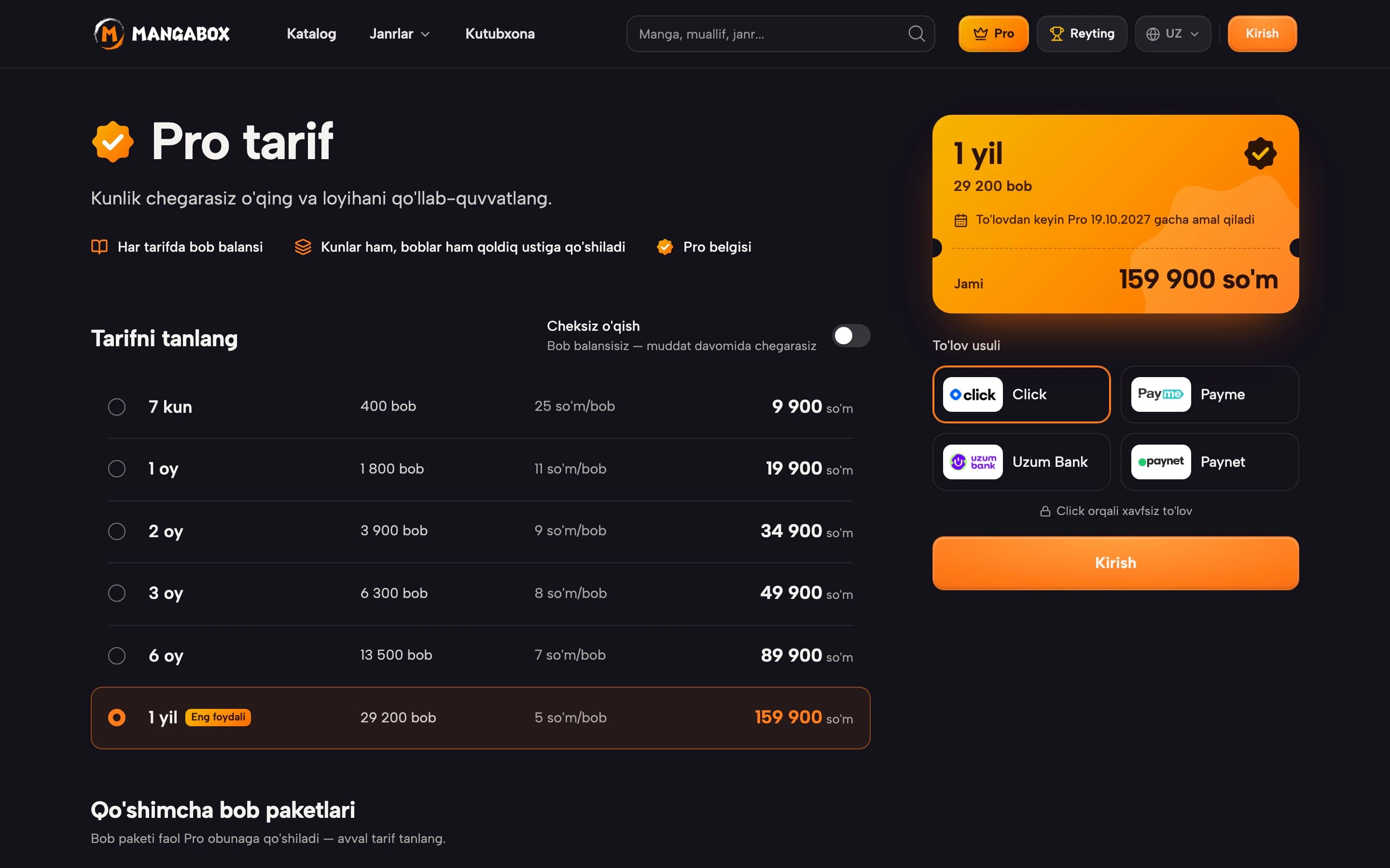 Pro plans with a chapter balance, paid via Click, Payme, Uzum or Paynet