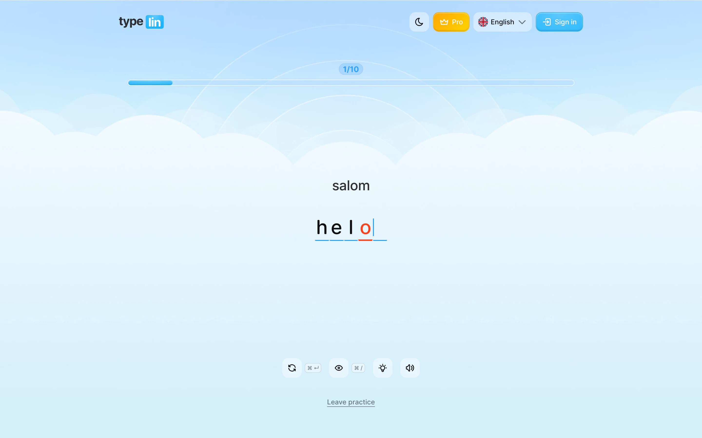 A lesson in progress: type the English word for what you see